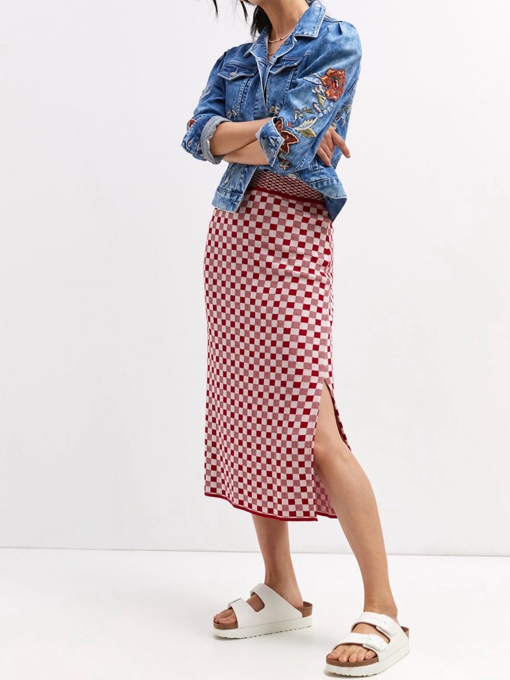 Like New Anthropologie CECILIA PRADO Red & White Checkered Knit Midi Skirt. S - Picture 2 of 7